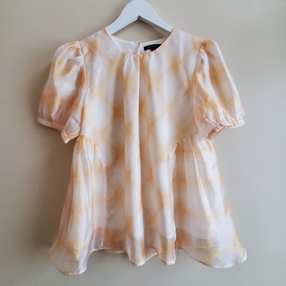 En Saison blouse plaid cream with hint of blue, babydoll fun puff sleeve